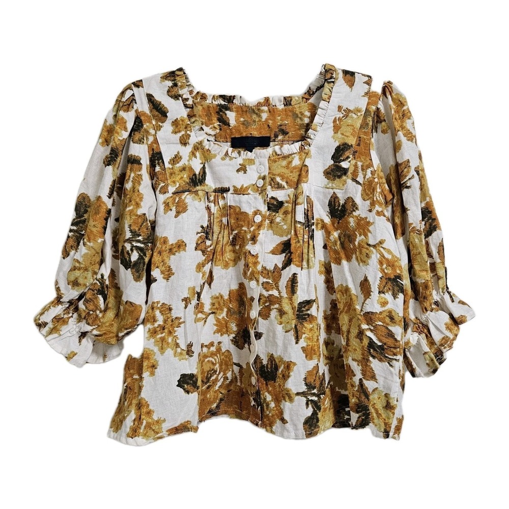 Rachel Roy Blouse Women XS Mustard Floral Linen Blend Puff Sleeve Ruffle Neck